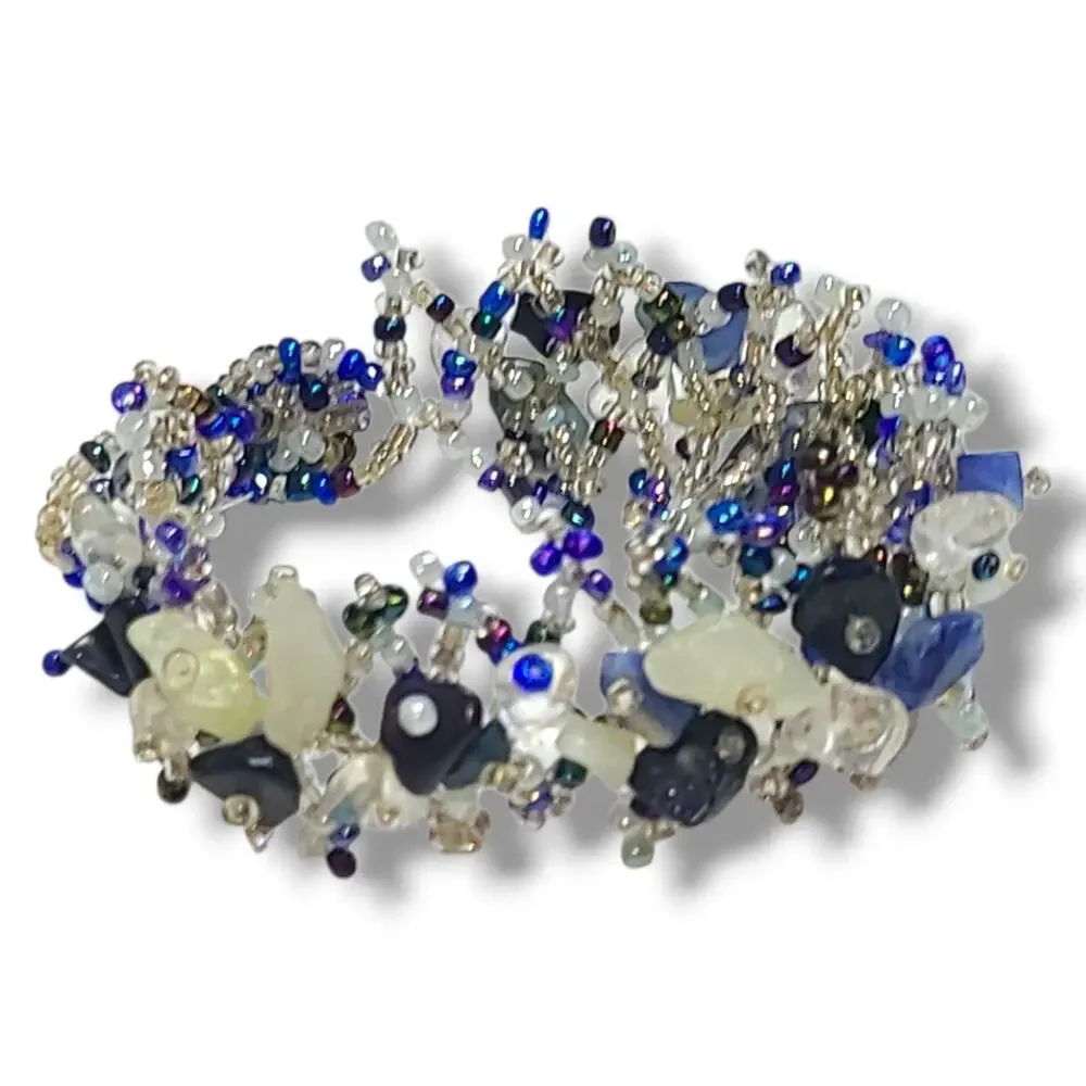 Blue & White Glass‎ Bead Woven Wide Cuff Wrap Bracelet 7